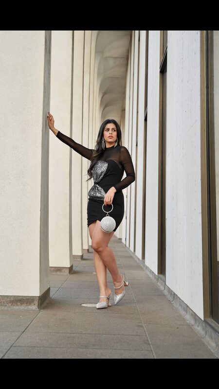 Roopsi Bansal in a black beaded blazer set and sequin bodycon dress from SHEIN