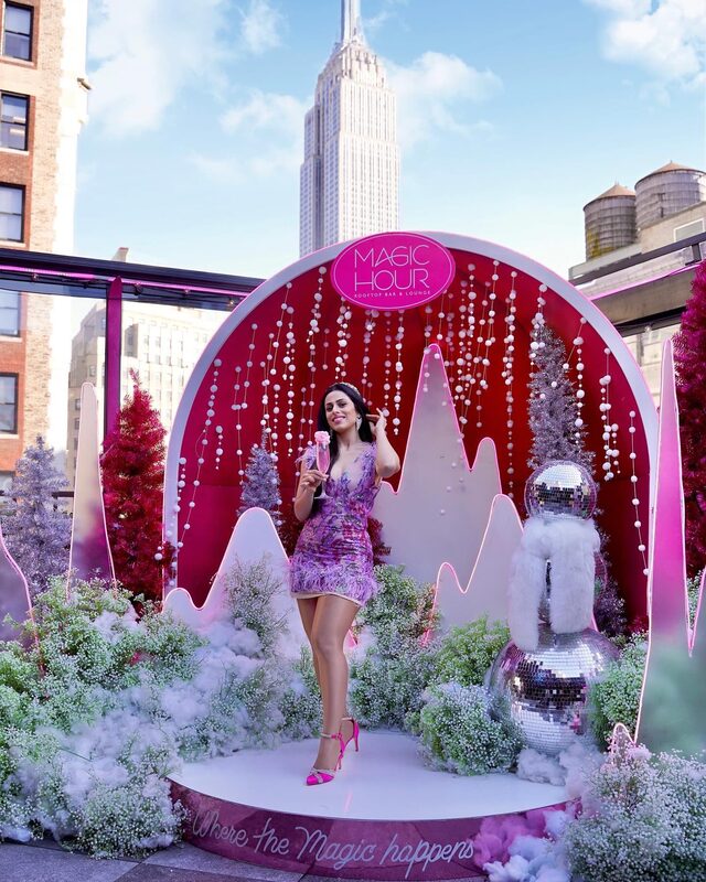 Roopsi Bansal in a pink spring dress from Bella Barnett at Magic Hour Rooftop, NYC