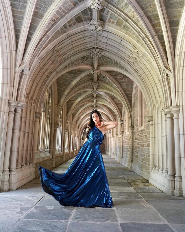 Roopsi Bansal in a blue dress from Mewmews in Princeton, NJ