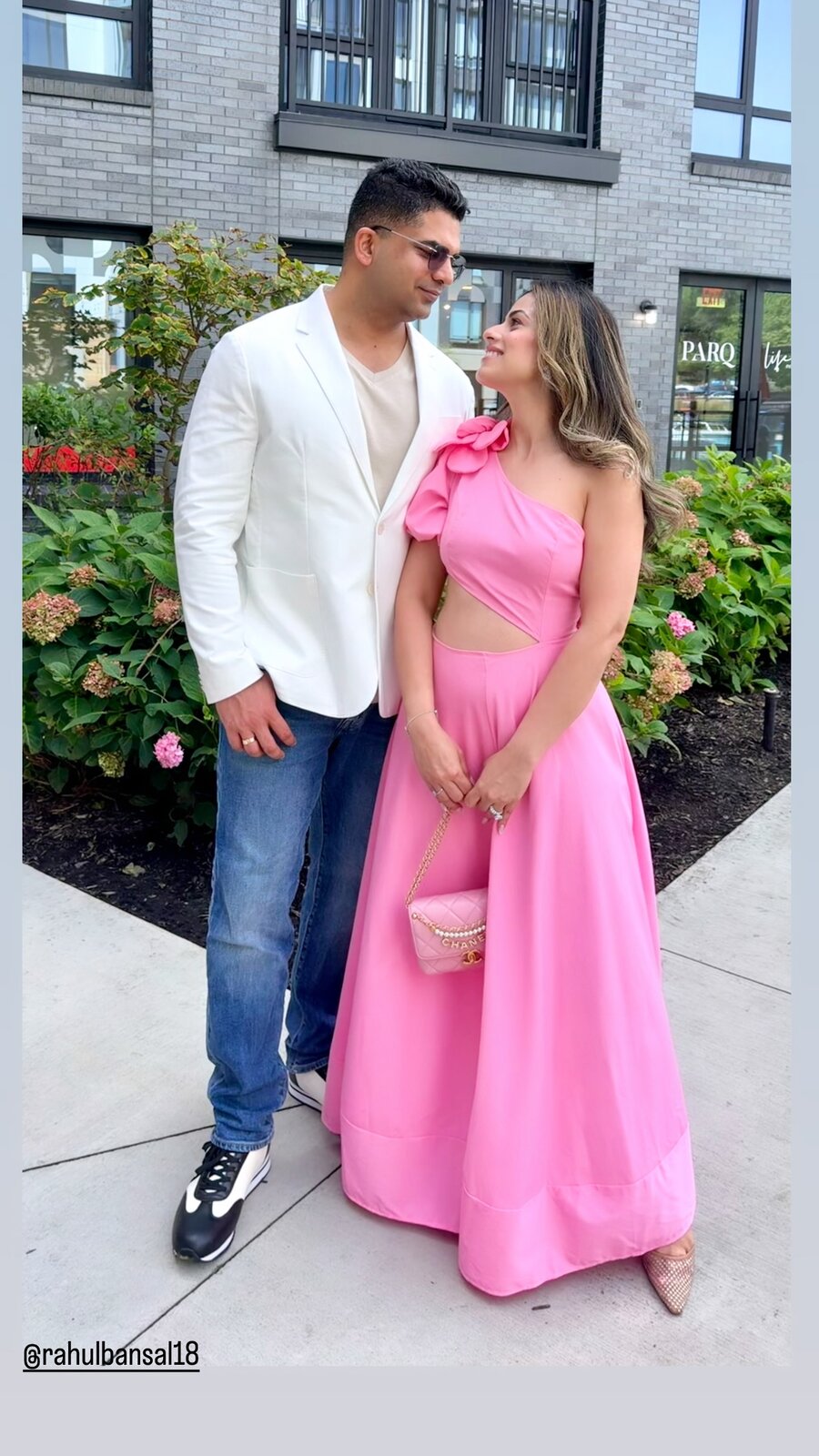 An evening out in a one-shoulder pink gown