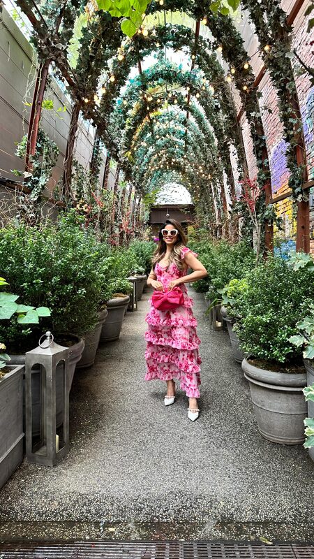 Roopsi Bansal at weekend brunch at The NoMo SoHo, carrying a Chicwish bag
