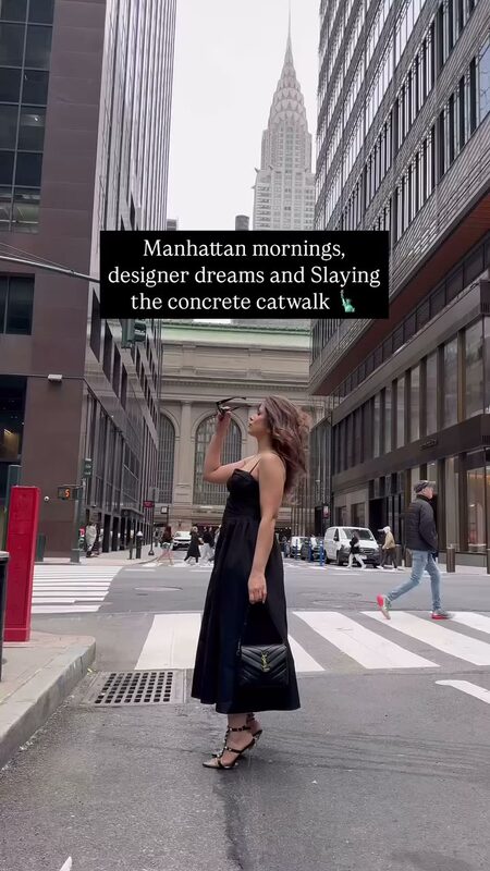 Roopsi Bansal in a black dress from Shein on the city streets