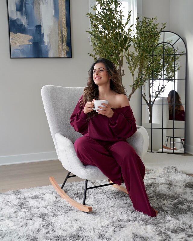 Roopsi Bansal in a comfy set from Micas with coffee in hand on a Friday
