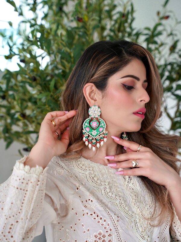 Roopsi Bansal wearing statement earrings from Jaipur Rose