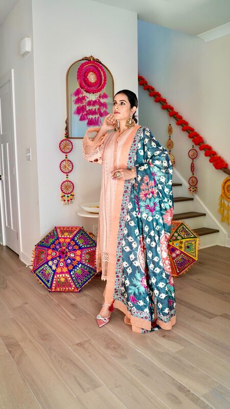 Roopsi Bansal in an embroidered Diwali look from Khas with jewelry from Jaipur Rose