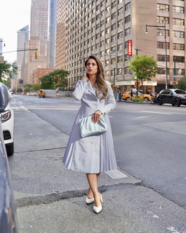 Roopsi Bansal in a woven dress from MOTF via SHEIN and Dream Pairs heels