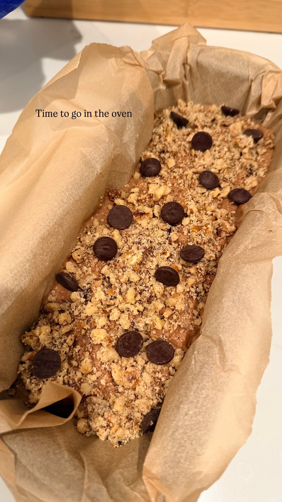 A walnut and chocolate chip loaf ready to go into the oven