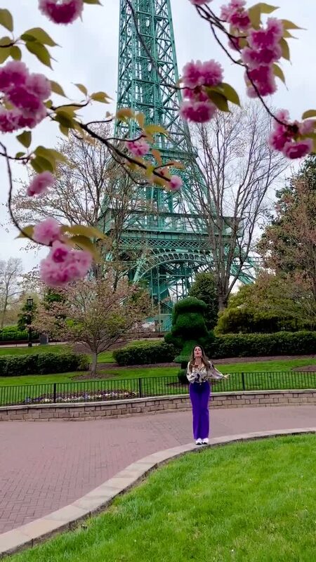 Roopsi Bansal in purple wide-leg pants standing in front of the Eiffel Tower replica at Kings Dominion, framed by cherry blossoms