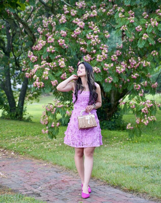 Roopsi Bansal in a pink floral applique dress from Saturday Club with Vivaia shoes