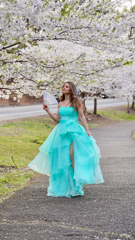 Roopsi Bansal wearing a Flor Miss dress among the blossoms at Branch Brook Park, NJ