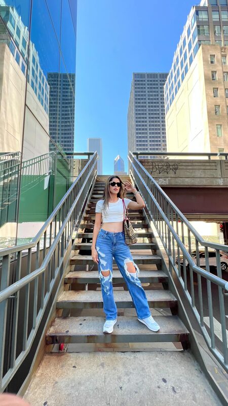 H&M — Casual H&M streetstyle on a downtown Chicago overpass.