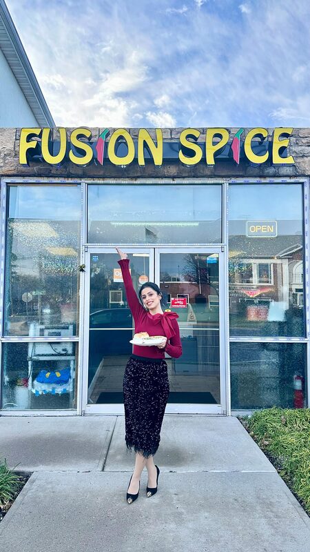 Roopsi Bansal at newly opened Fusion Spice restaurant in New Jersey, wearing Chicwish