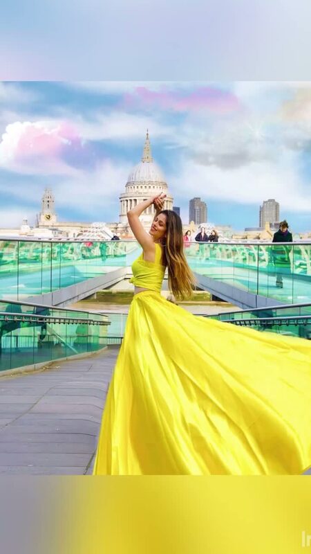 Roopsi Bansal twirling in a bright yellow gown on the Millennium Bridge, the after shot of a before-and-after transition reel