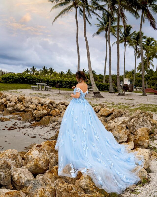 Roopsi Bansal from behind in a powder blue off-shoulder ball gown with 3D floral applique, standing on coral rocks at Dubois Park with palm trees and a beach behind her