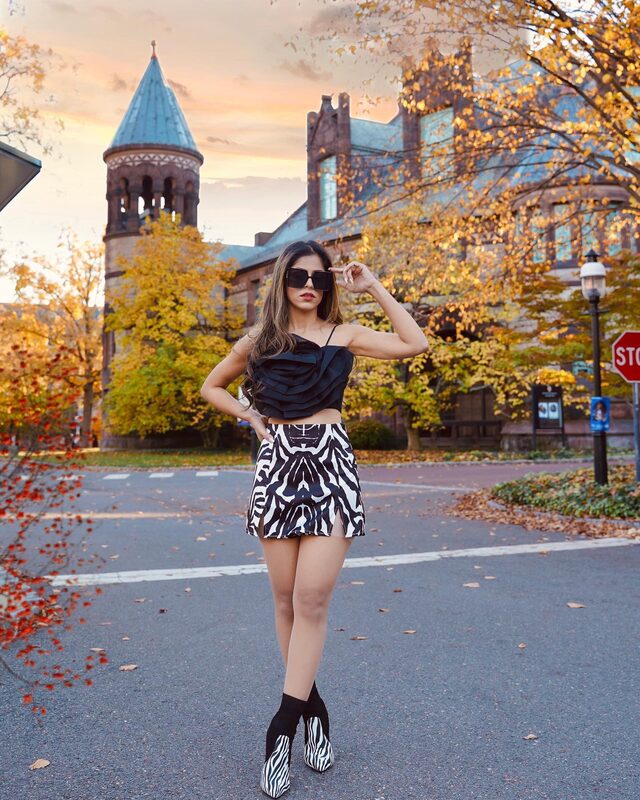 Roopsi Bansal in a 3D floral front-strap top and zebra print skort from Saturday Club