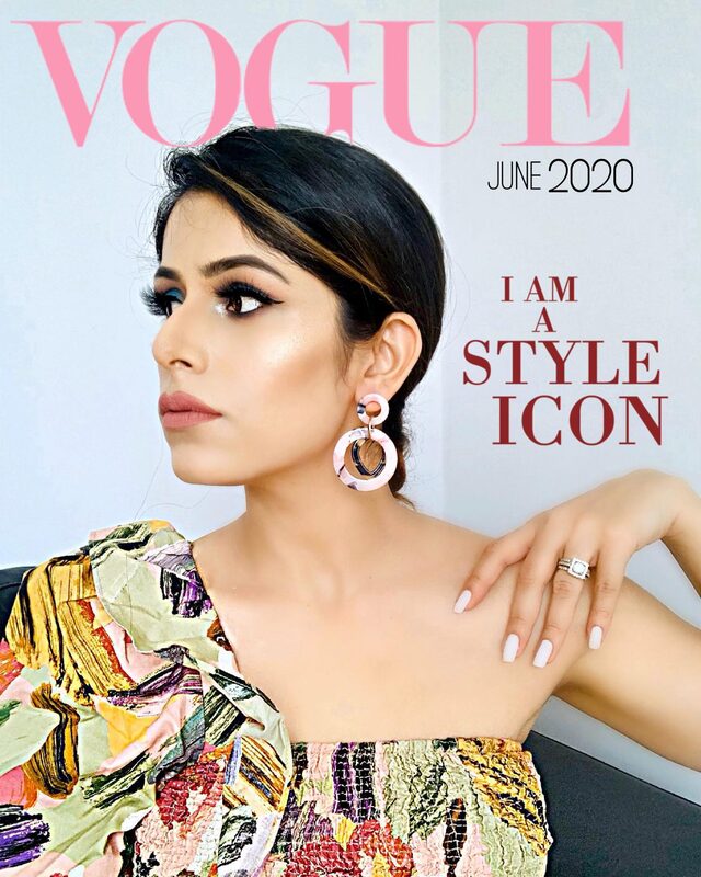 A portrait edited into a fan-made Vogue-style magazine cover template as part of the 2020 Vogue Challenge trend, wearing a floral one-shoulder top and statement earrings