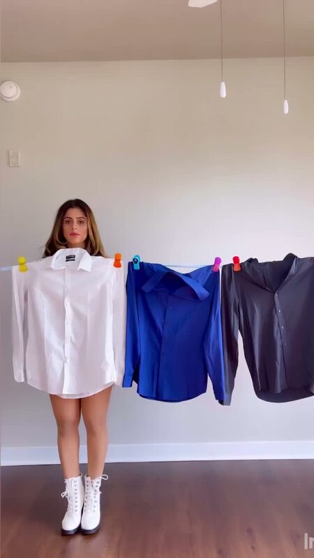 Roopsi Bansal in white boots, choosing between three of her husband's dress shirts pinned to an indoor clothesline