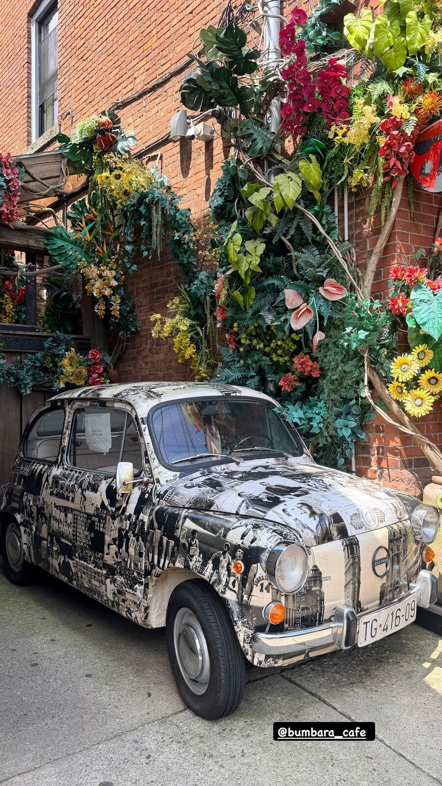 A vintage car wrapped in newsprint parked outside Cafe Bubamara's flower-covered brick facade
