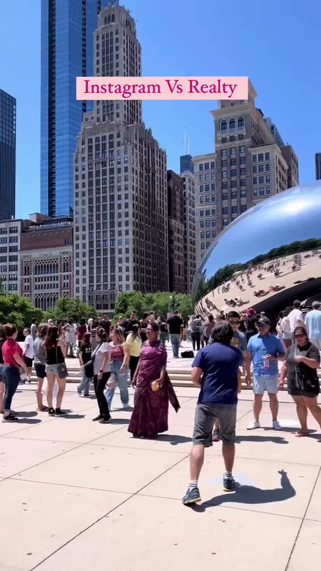 Roopsi Bansal in a flowing turquoise gown facing Cloud Gate at sunrise, contrasted with the crowded plaza at midday