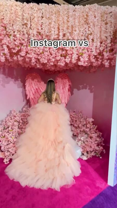 Roopsi Bansal from behind in a blush tulle ball gown and pink feathered angel wings, walking toward a wall of pink flowers, with the text 'Instagram vs' overlaid
