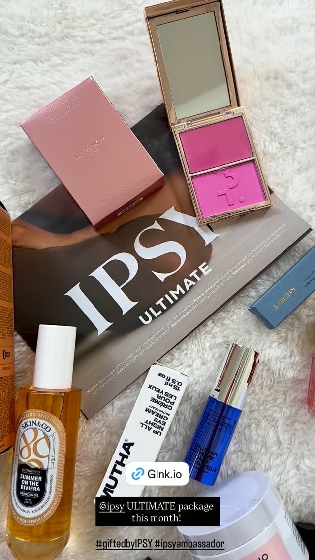 A flat-lay of this month's IPSY Ultimate package, including a makeup palette, bronzing oil, and night eye cream