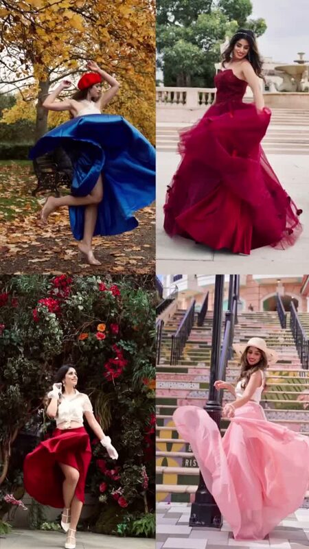 A four-panel split of Roopsi Bansal twirling in different outfits: a blue skirt and red beret in fall leaves, a red ball gown by a fountain, a red midi skirt by rose bushes, and a pink gown on tiled steps