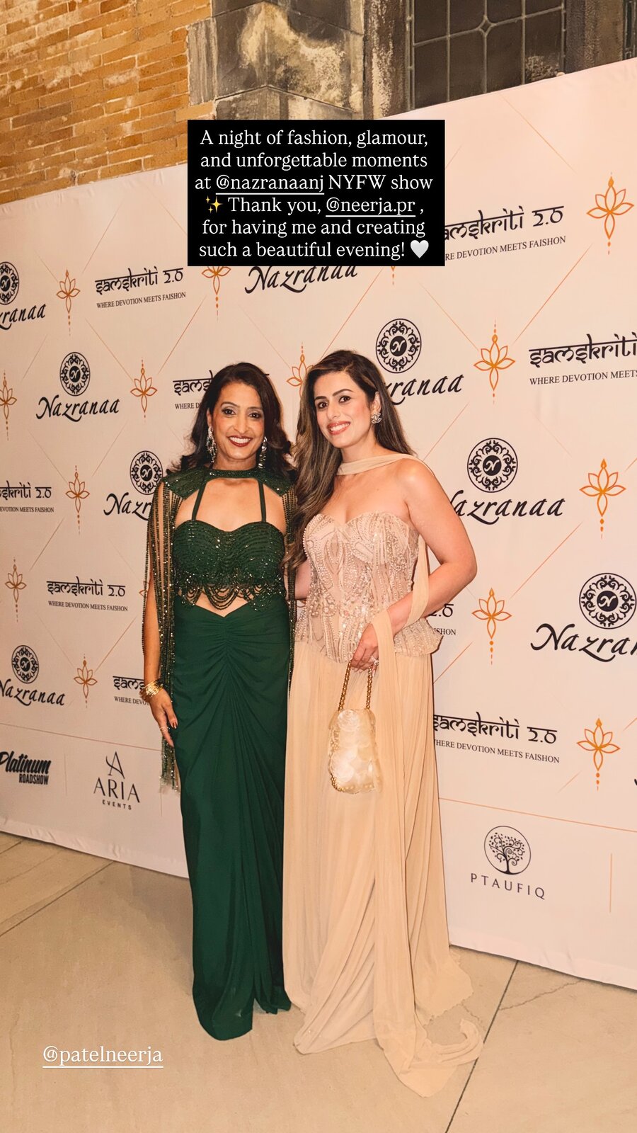 Roopsi Bansal posing in front of the Nazranaa NYFW show step-and-repeat backdrop
