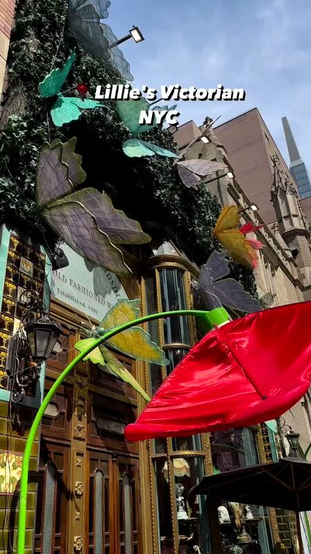 The oversized butterfly decor at the entrance of Lillie's Victorian restaurant in NYC