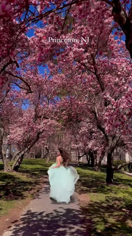 Roopsi Bansal in a mint tulle gown running through a tunnel of blooming pink magnolia trees at Princeton, New Jersey
