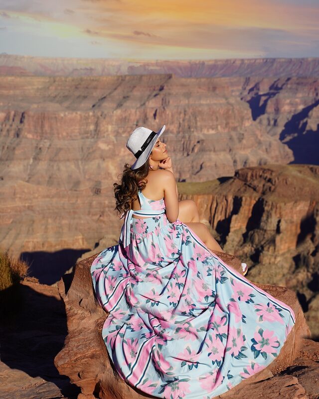 Roopsi Bansal in a satin halter dress from Ador Fashion at Grand Canyon National Park