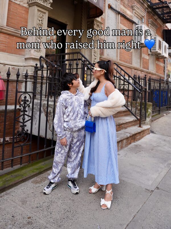 Roopsi Bansal with her son, wearing Dream Pairs heels