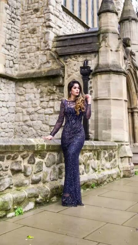 Roopsi Bansal in a navy sequin gown against a Gothic stone church wall, one clip from a compilation reel of her favourite London moments