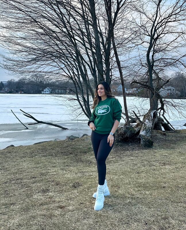 Roopsi Bansal in leggings and boots for a comfortable casual look