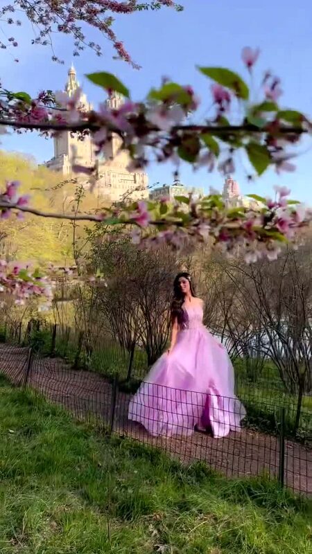 Roopsi Bansal in a pink ballgown standing among blooming cherry blossom trees in Central Park with the San Remo towers behind her