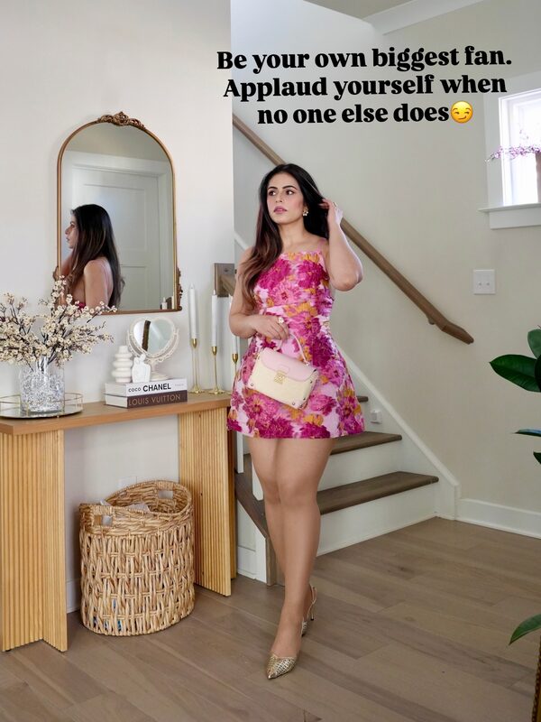 Roopsi Bansal in a pink spring dress