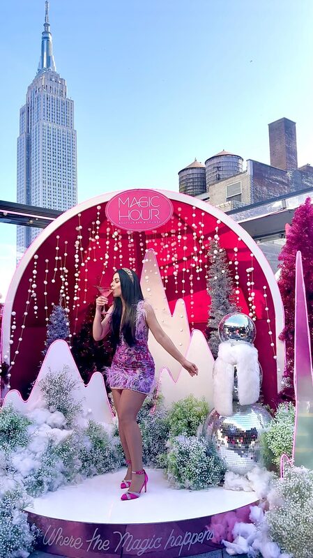 Roopsi Bansal at Magic Hour Rooftop's Pink Winter Lodge brunch in a pink dress