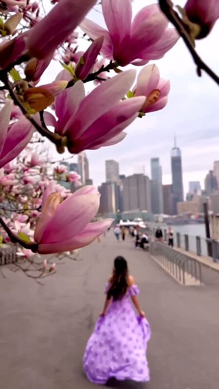 Roopsi Bansal in a purple ball gown walking along the Brooklyn Heights Promenade, magnolia blossoms framing the Manhattan skyline