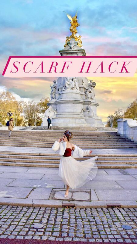 Roopsi Bansal in a cream faux-fur jacket and blush tulle skirt, twirling on the steps of the Victoria Memorial outside Buckingham Palace