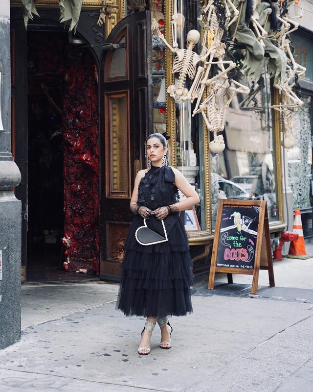 Roopsi Bansal in an all-black Halloween look from Chicwish at Lillie's Victorian Establishment