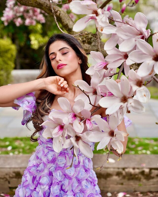 Roopsi Bansal among spring blooms in a garden