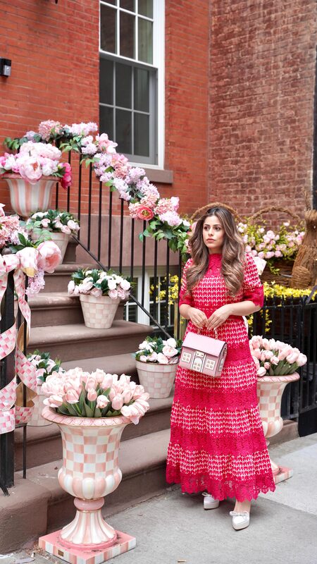 Roopsi Bansal wearing the Lune Eclat Damar Embroidered Lace Dress on the Upper East Side