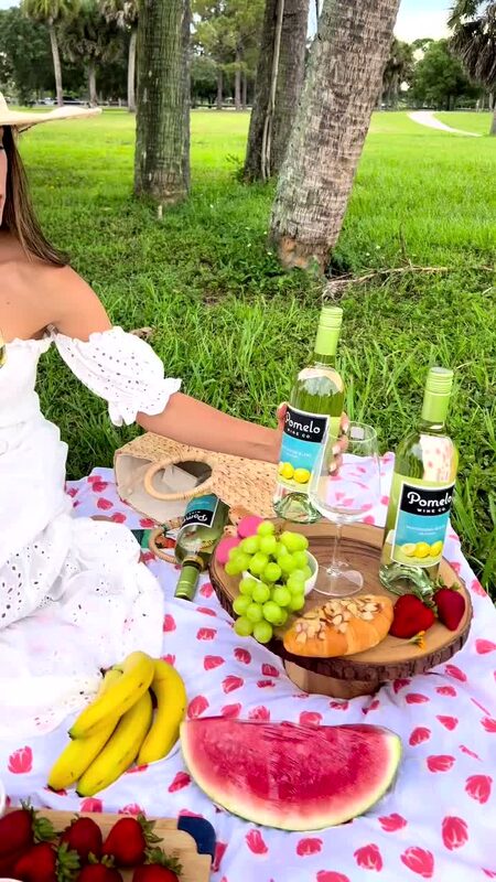 Roopsi Bansal in a white eyelet dress and straw hat at a picnic spread with Pomelo Wines, fruit, and a croissant under palm trees in West Palm Beach