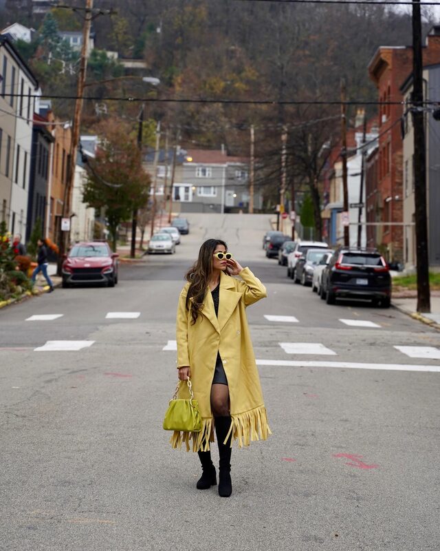 Roopsi Bansal wearing a SHEIN X Melike Firat lapel collar fringe hem belted overcoat on Thanksgiving