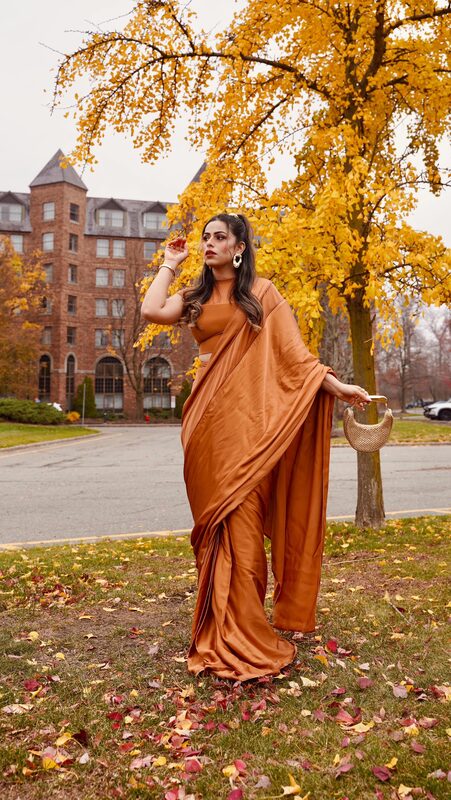 Roopsi Bansal wearing a ready-to-wear drape sari from Label Rebel Roots