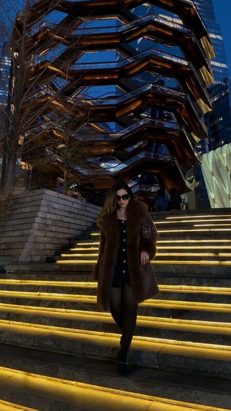 Roopsi Bansal at the Vessel in NYC wearing a Romwe coat