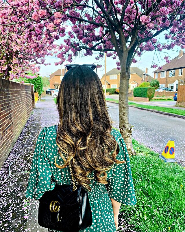 Back-of-head view walking down a suburban street lined with cherry blossom trees in full pink bloom, wearing a green floral dress and carrying a black Gucci Marmont bag, petals scattered on the pavement