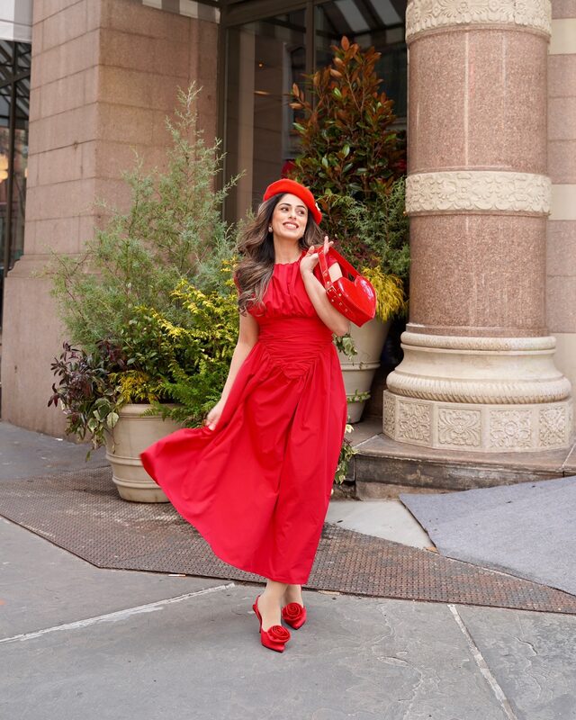 Roopsi Bansal in a red dress from Micas and heels from Dream Pairs for Valentine's season