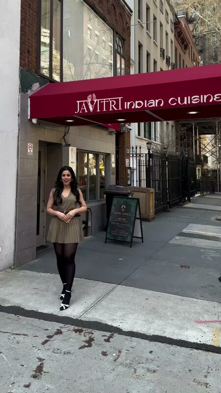 Roopsi Bansal dining at Javitri NYC, wearing Chicwish